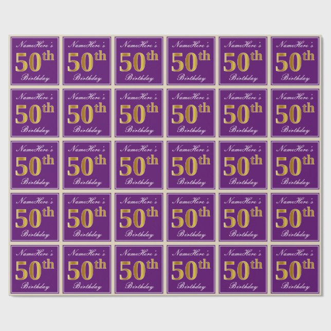 Elegant, Purple, Faux Gold 50th Birthday + Name Wrapping Paper (Flat)