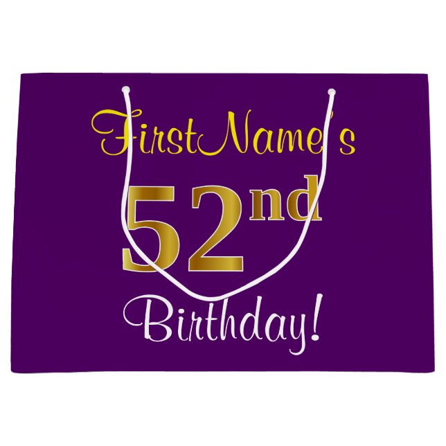 Elegant, Purple, Faux Gold 52nd Birthday + Name Large Gift Bag (Front)