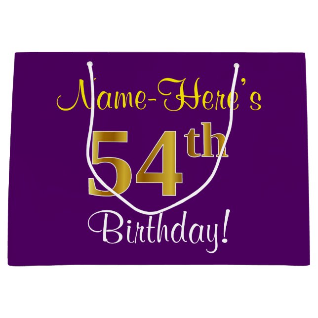 Elegant, Purple, Faux Gold 54th Birthday + Name Large Gift Bag (Front)