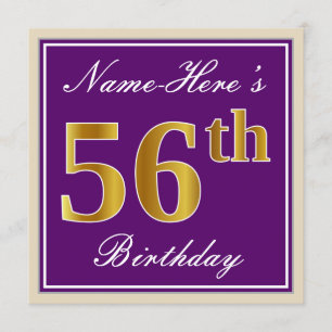 Elegant, Purple, Faux Gold 56th Birthday + Name Invitation