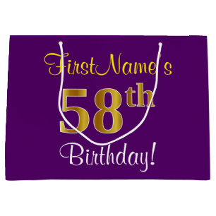 Elegant, Purple, Faux Gold 58th Birthday + Name Large Gift Bag