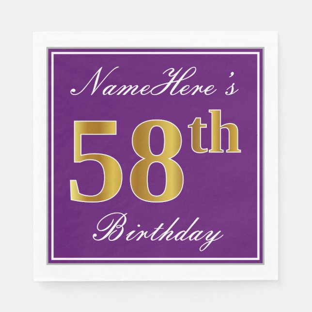 Elegant Purple, Faux Gold 58th Birthday + Name Napkin (Front)