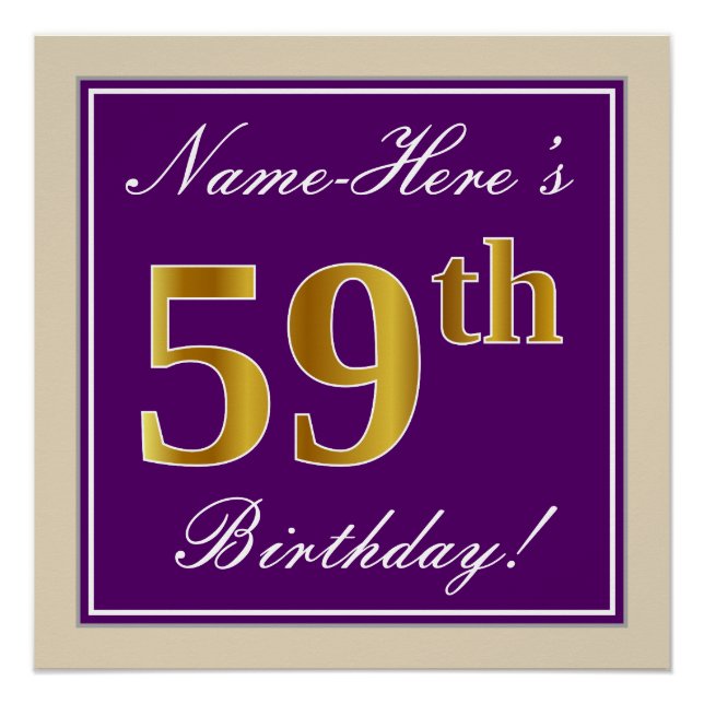 Elegant, Purple, Faux Gold 59th Birthday + Name Poster (Front)