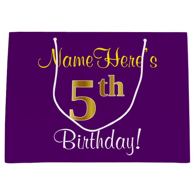 Elegant, Purple, Faux Gold 5th Birthday + Name Large Gift Bag (Front)