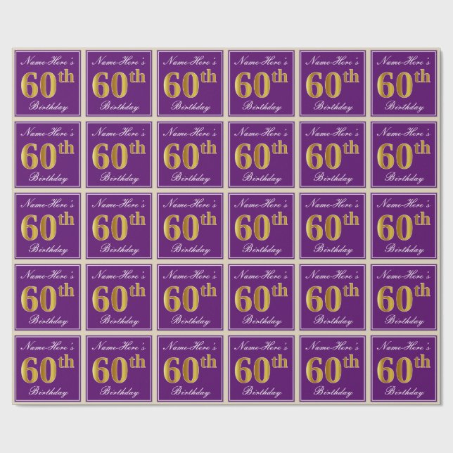Elegant, Purple, Faux Gold 60th Birthday + Name Wrapping Paper (Flat)