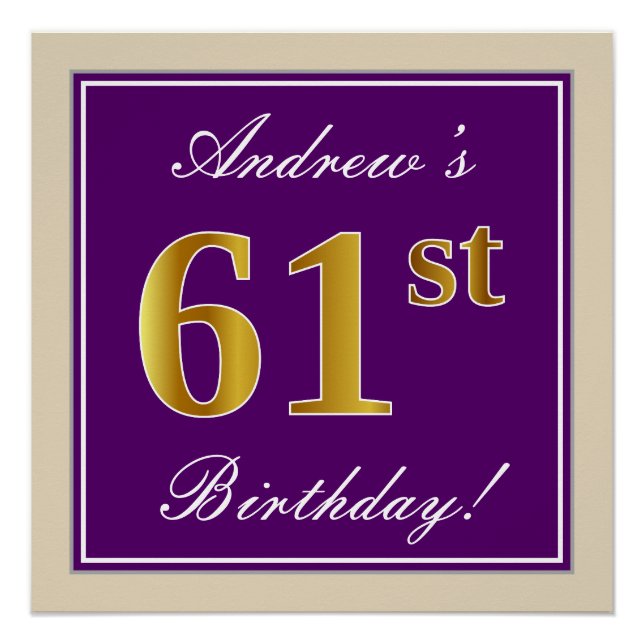 Elegant, Purple, Faux Gold 61st Birthday + Name Poster (Front)
