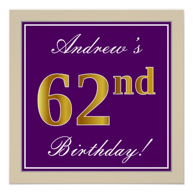 Elegant, Purple, Faux Gold 62nd Birthday + Name Poster (Front)