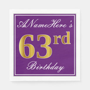 Elegant Purple, Faux Gold 63rd Birthday + Name Napkin