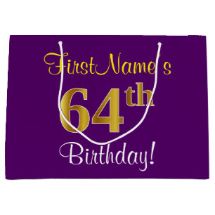 Elegant, Purple, Faux Gold 64th Birthday + Name Large Gift Bag