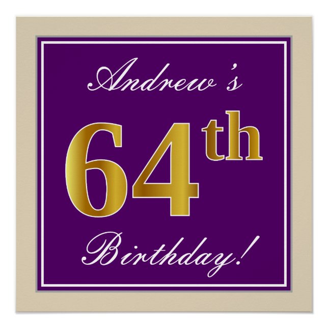 Elegant, Purple, Faux Gold 64th Birthday + Name Poster (Front)