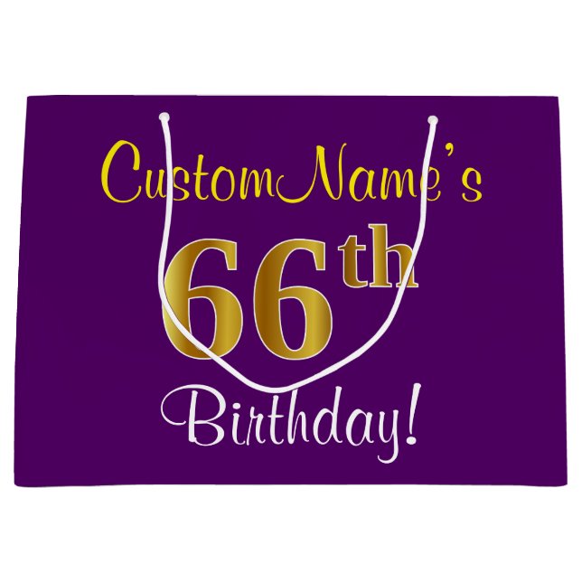 Elegant, Purple, Faux Gold 66th Birthday + Name Large Gift Bag (Front)