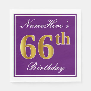 Elegant Purple, Faux Gold 66th Birthday + Name Napkin