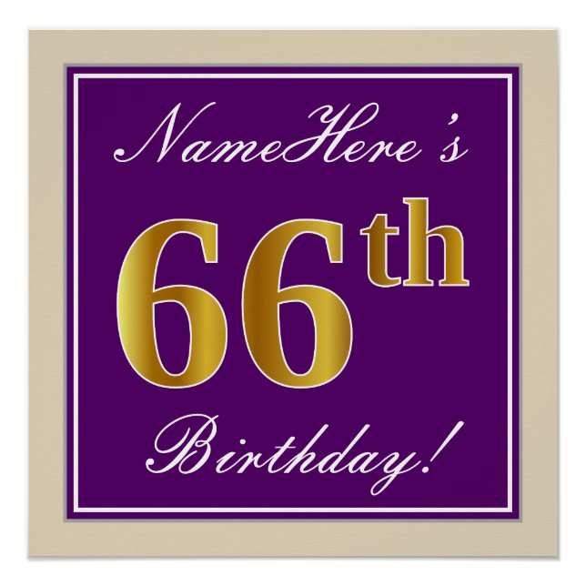 Elegant, Purple, Faux Gold 66th Birthday + Name Poster (Front)