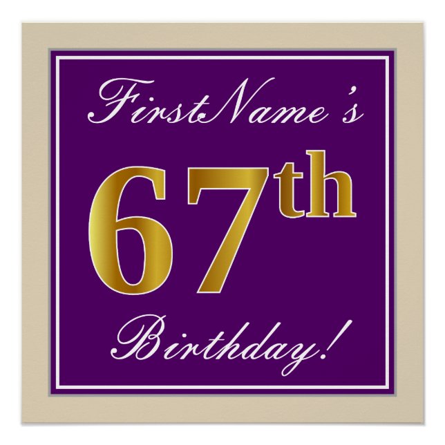 Elegant, Purple, Faux Gold 67th Birthday + Name Poster (Front)