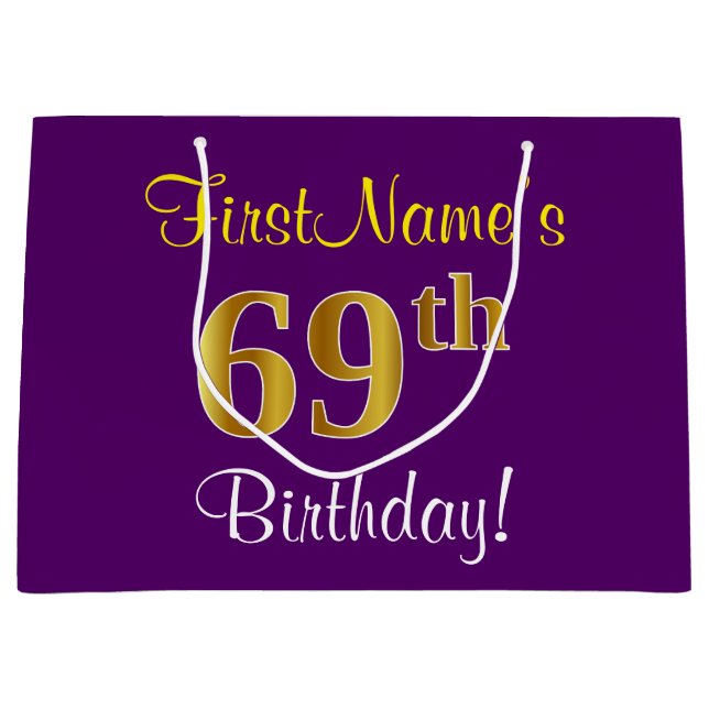 Elegant, Purple, Faux Gold 69th Birthday + Name Large Gift Bag (Front)