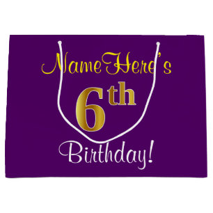 Elegant, Purple, Faux Gold 6th Birthday + Name Large Gift Bag