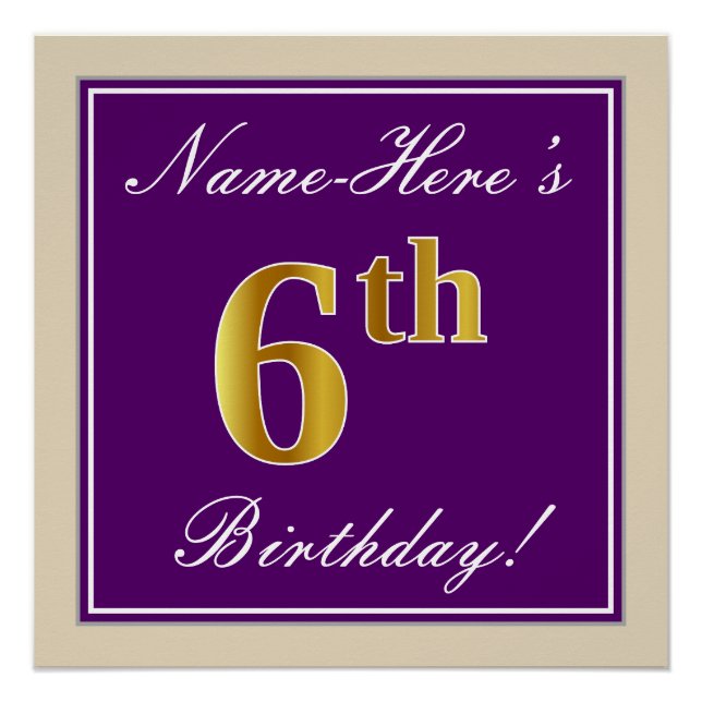 Elegant, Purple, Faux Gold 6th Birthday + Name Poster (Front)