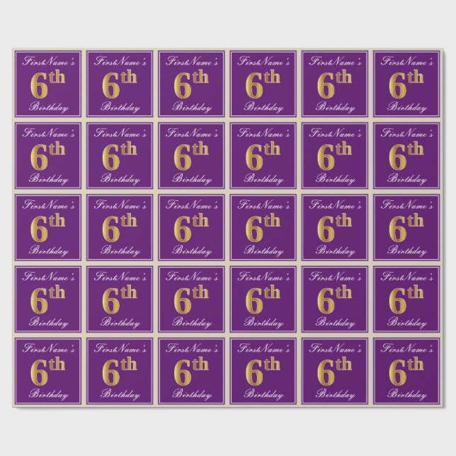 Elegant, Purple, Faux Gold 6th Birthday + Name Wrapping Paper (Flat)