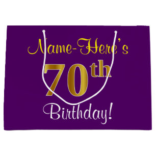 Elegant, Purple, Faux Gold 70th Birthday + Name Large Gift Bag
