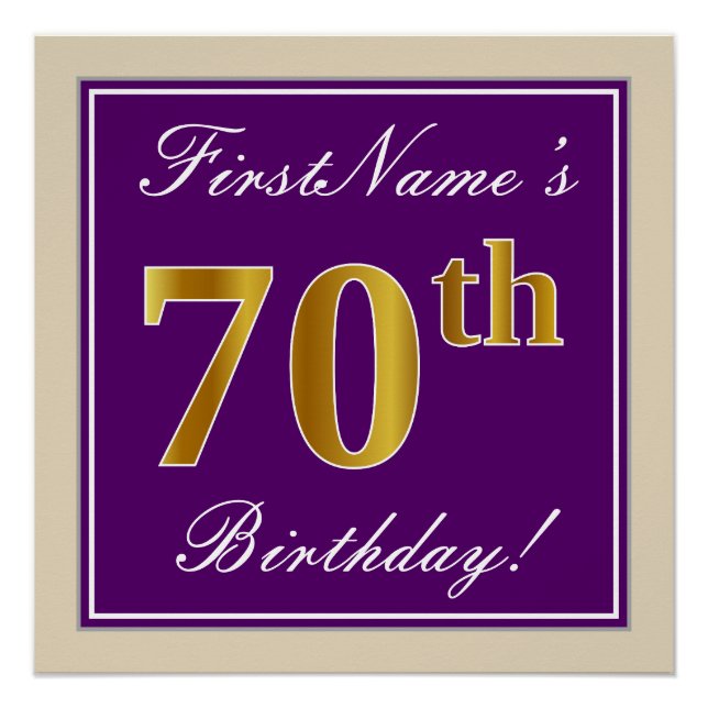 Elegant, Purple, Faux Gold 70th Birthday + Name Poster (Front)