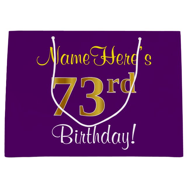 Elegant, Purple, Faux Gold 73rd Birthday + Name Large Gift Bag (Front)