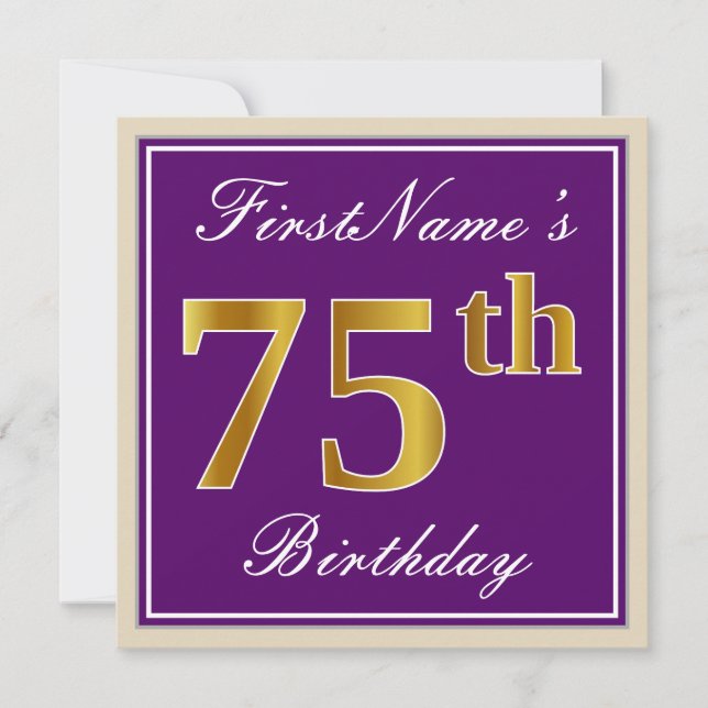 Elegant, Purple, Faux Gold 75th Birthday + Name Invitation (Front)