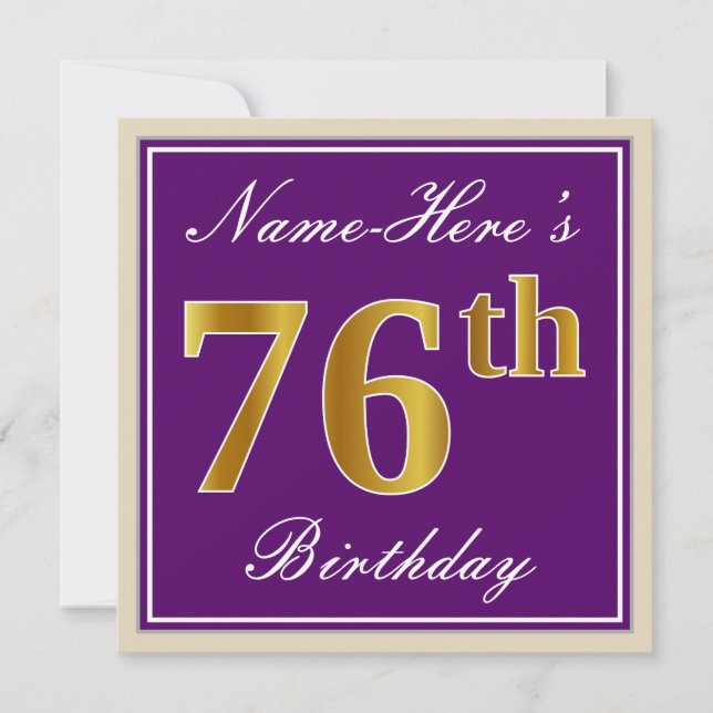 Elegant, Purple, Faux Gold 76th Birthday + Name Invitation (Front)