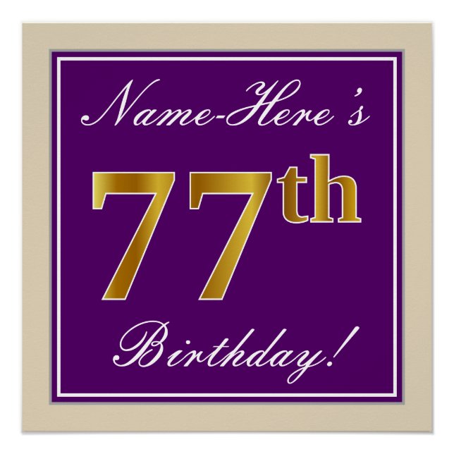 Elegant, Purple, Faux Gold 77th Birthday + Name Poster (Front)