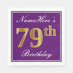 Elegant Purple, Faux Gold 79th Birthday + Name Napkin