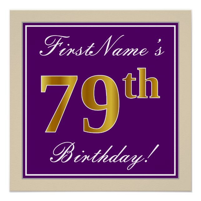 Elegant, Purple, Faux Gold 79th Birthday + Name Poster (Front)