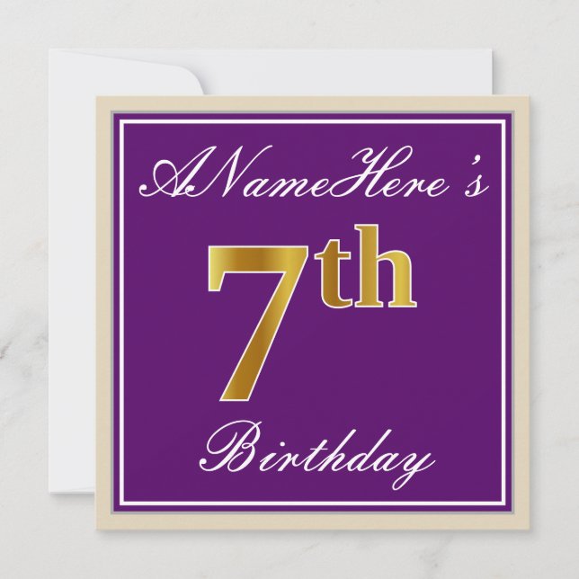 Elegant, Purple, Faux Gold 7th Birthday + Name Invitation (Front)