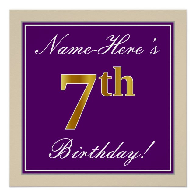 Elegant, Purple, Faux Gold 7th Birthday + Name Poster (Front)