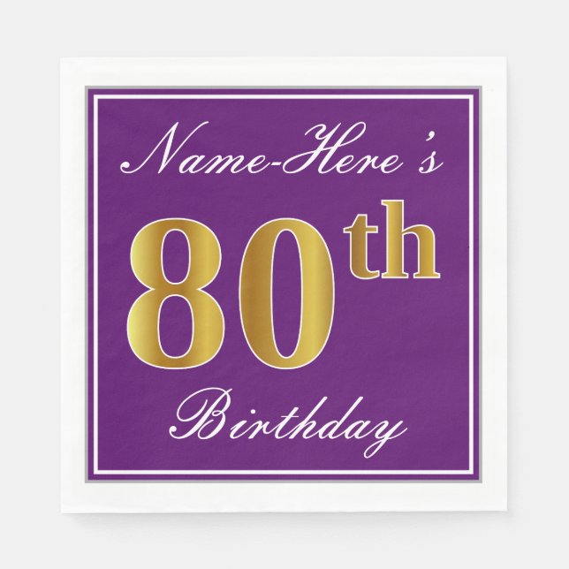 Elegant Purple, Faux Gold 80th Birthday + Name Napkin (Front)