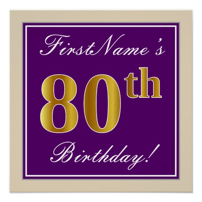Elegant, Purple, Faux Gold 80th Birthday + Name Poster (Front)