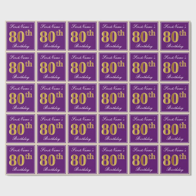 Elegant, Purple, Faux Gold 80th Birthday + Name Wrapping Paper (Flat)