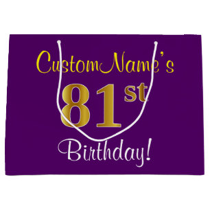 Elegant, Purple, Faux Gold 81st Birthday + Name Large Gift Bag