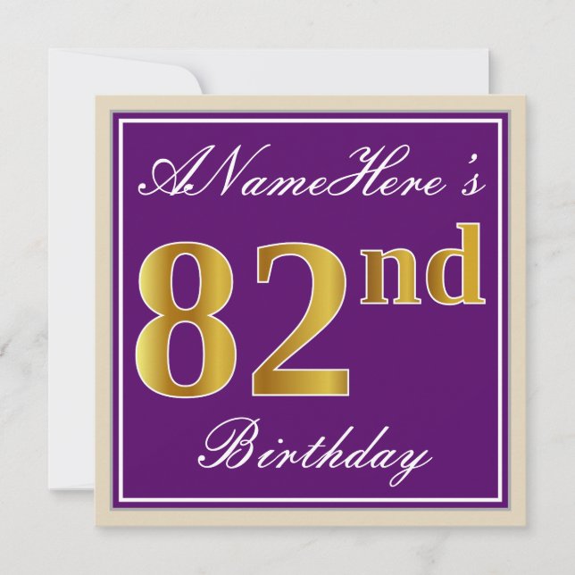 Elegant, Purple, Faux Gold 82nd Birthday + Name Invitation (Front)
