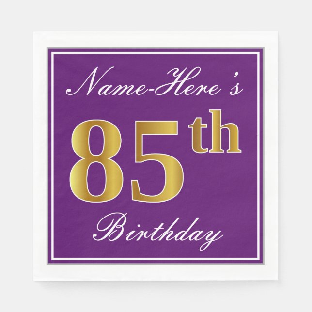 Elegant Purple, Faux Gold 85th Birthday + Name Napkin (Front)