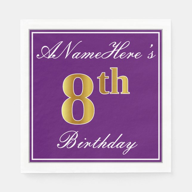 Elegant Purple, Faux Gold 8th Birthday + Name Napkin (Front)