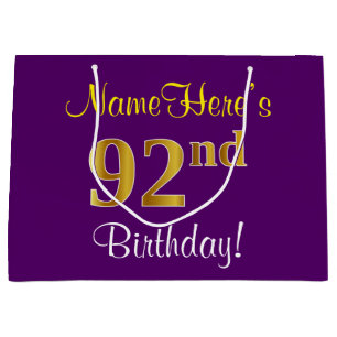 Elegant, Purple, Faux Gold 92nd Birthday + Name Large Gift Bag
