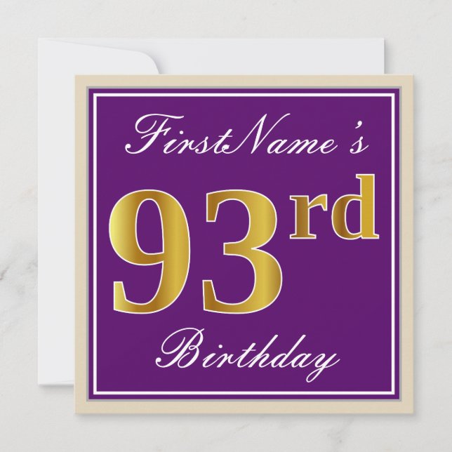 Elegant, Purple, Faux Gold 93rd Birthday + Name Invitation (Front)