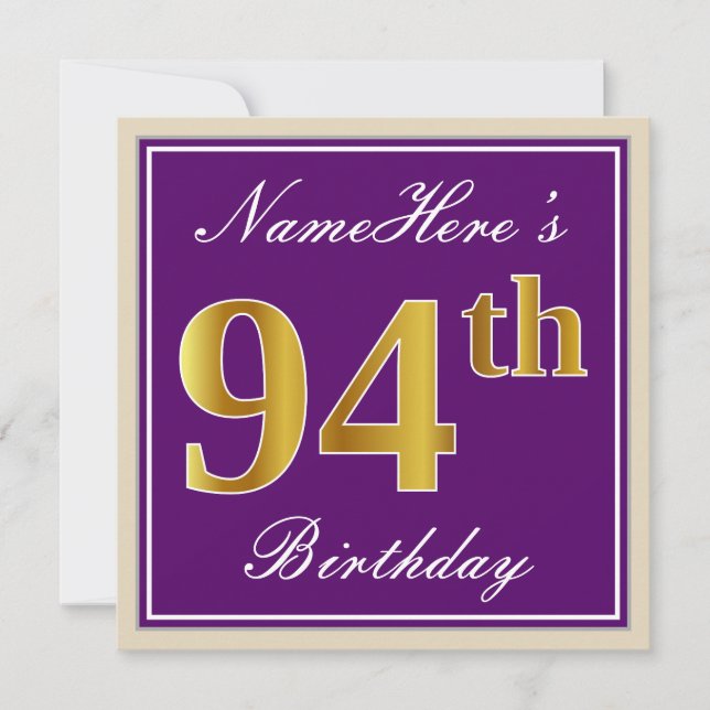 Elegant, Purple, Faux Gold 94th Birthday + Name Invitation (Front)