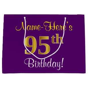 Elegant, Purple, Faux Gold 95th Birthday + Name Large Gift Bag