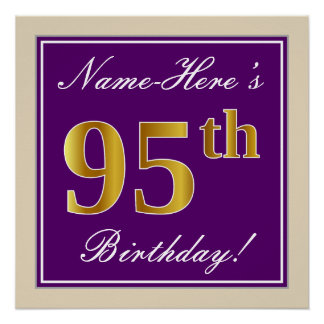 Elegant, Purple, Faux Gold 95th Birthday + Name Poster