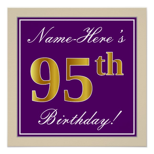 Elegant, Purple, Faux Gold 95th Birthday + Name Poster (Front)