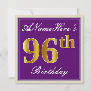 Elegant, Purple, Faux Gold 96th Birthday + Name Invitation