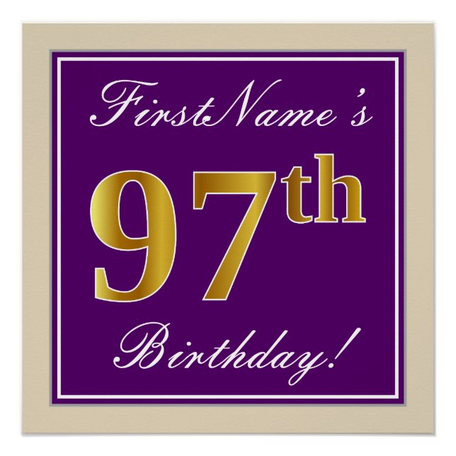 Elegant, Purple, Faux Gold 97th Birthday + Name Poster (Front)
