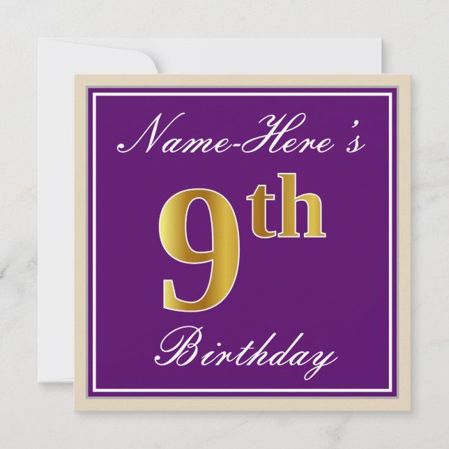 Elegant, Purple, Faux Gold 9th Birthday + Name Invitation (Front)