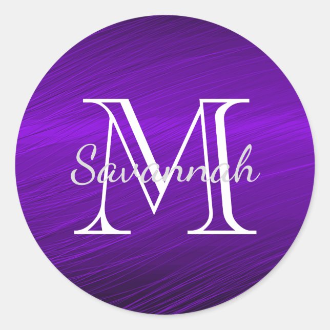 Elegant Purple Faux Metal Monogram Classic Round Sticker (Front)