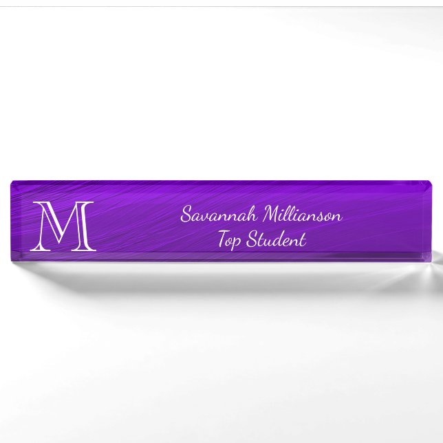 Elegant Purple Faux Metal Monogram Student Nameplate (Front)